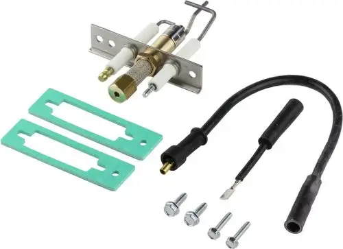 Bosch Zündgerät mit Anschlusskabel, Montageschablone und Dichtungen. Enthält Schrauben und Klemmen für die Installation.